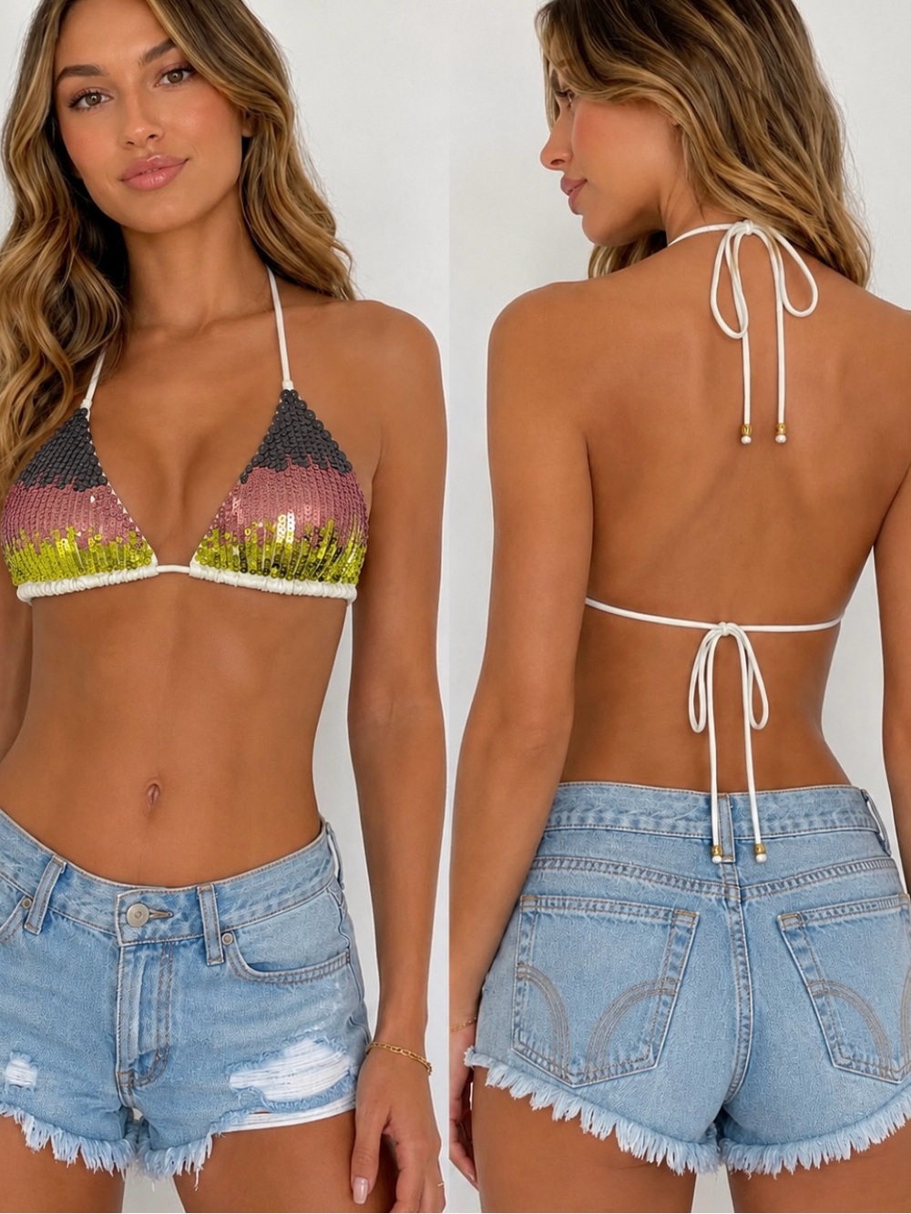 Victoria's Secret Sequin Triangle Bikini Top Women Sz Medium